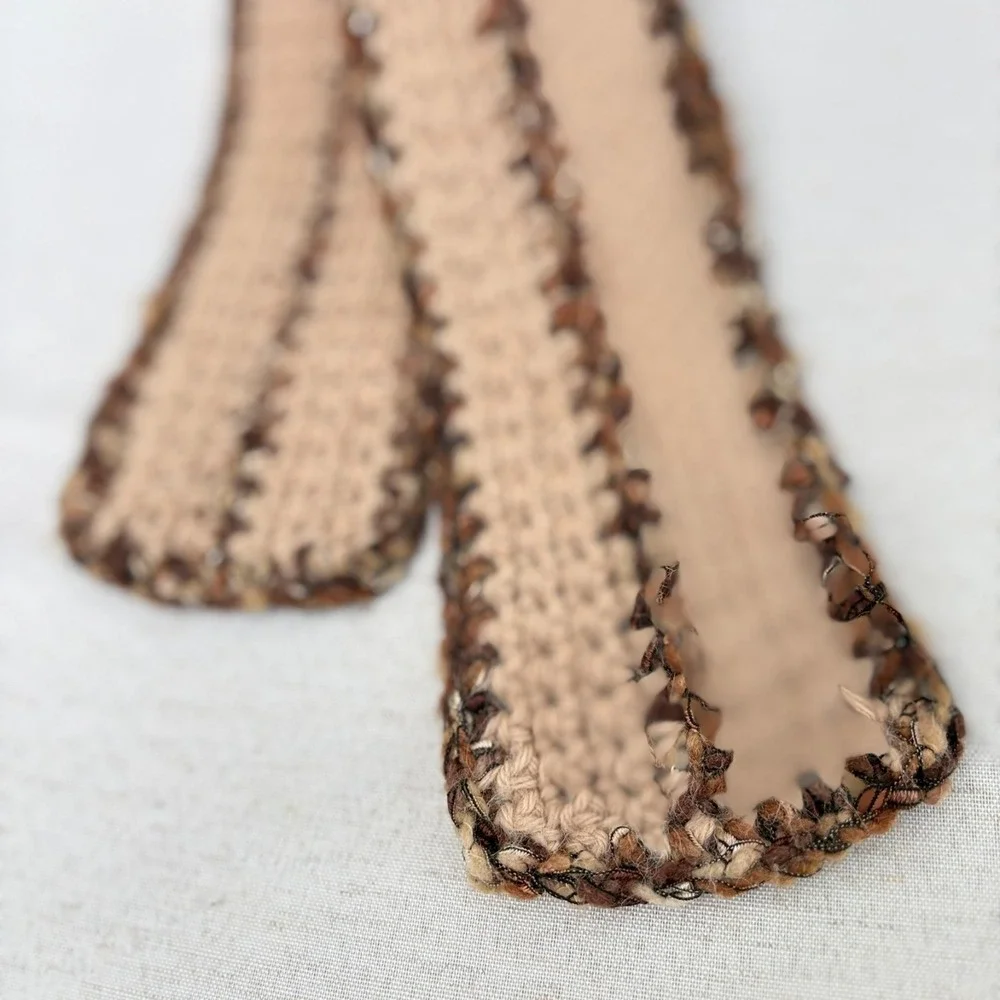 Vintage 2000s Y2k Long Handmade‎ Hand Knit Brown Beige scarf 54